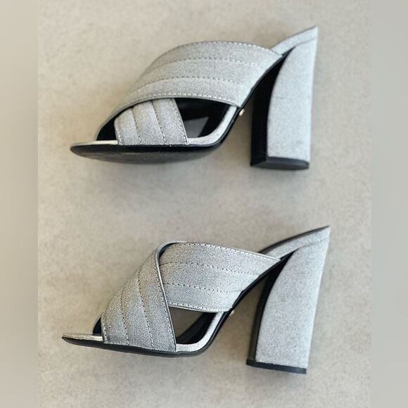 Gucci Webby Mules EU 38.5 US 8.5 Silver Glitter Block
Heel Criss Cross Sandals - Picture 6 of 10